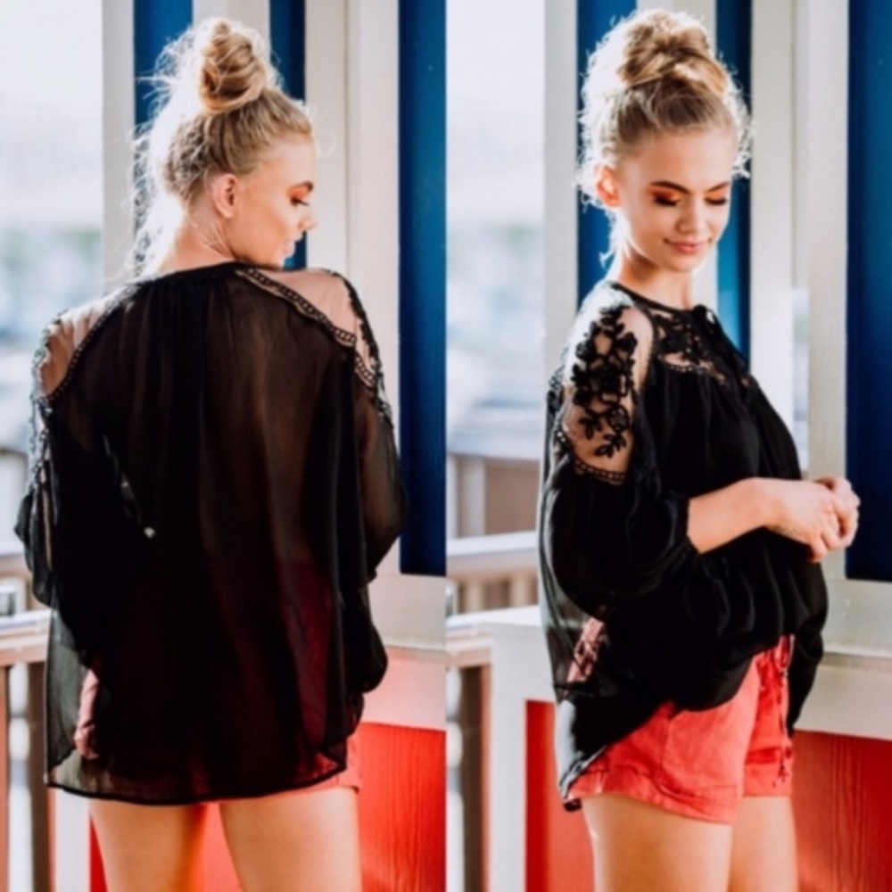 Boho Black Neck Tie Peasant Embroidered Oversized Floral Top - Picture 2 of 6